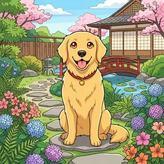 A golden retriever sitting in a garden, rendered in Japanese