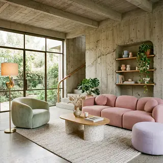 An interior scene rendered in soft brutalism — raw concrete 