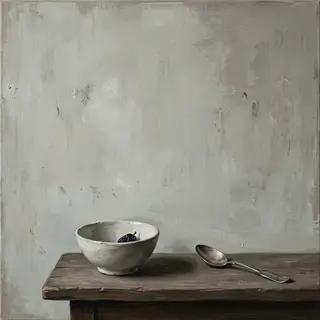 A still life painted in anxious minimalism — sparse composit
