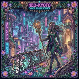 A woman in a futuristic city rendered in cyberpunk Art Nouve