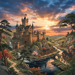 A medieval castle depicted in Japanese ukiyo-e woodblock pri