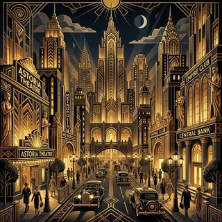 A city street scene in the style of Art Deco — geometric sha