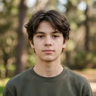 A headshot of a teenager with a relaxed, neutral face