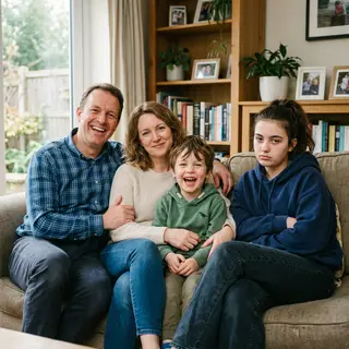 A family photo with four people: a father beaming with pride