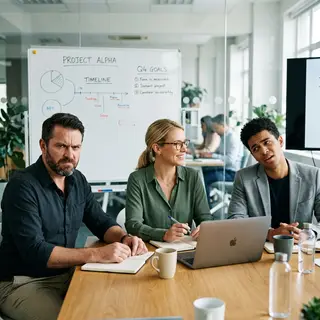 Three coworkers in a meeting: one looking frustrated with fu