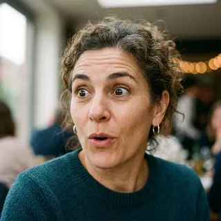 A portrait capturing genuine surprise — raised eyebrows, wid