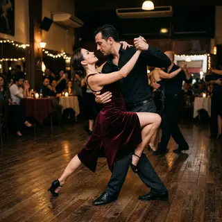 Two tango dancers in a close embrace, the man dipping the wo