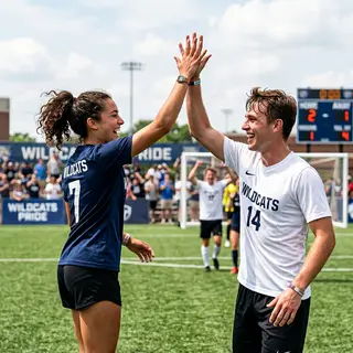 Two people doing a high-five, palms meeting with all fingers
