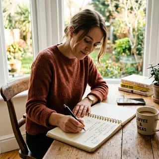 A woman writing in a notebook with a pen gripped correctly i