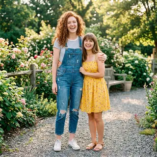 Two friends posing: one tall with curly red hair in denim ov
