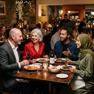 Four people at a dinner table: a bald man in a suit, a woman