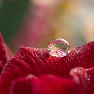 A close-up macro shot of a single dewdrop on a rose petal, s