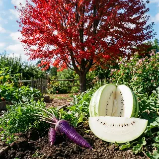 A purple carrot, a red tree with red leaves, and a white wat