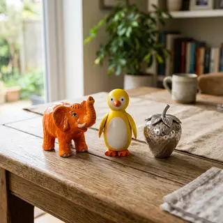 An orange elephant, a yellow penguin, and a silver strawberr