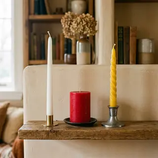 A tall thin white candle, a short fat red candle, and a medi