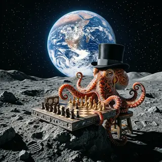 An octopus wearing a top hat and monocle playing chess on th
