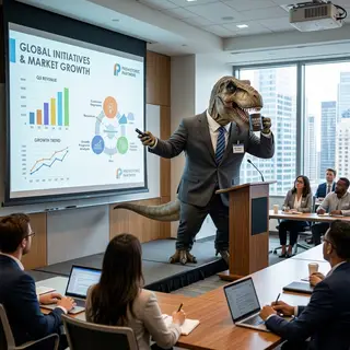A dinosaur in a business suit giving a PowerPoint presentati