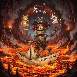 A robot dressed as a pirate sailing a paper boat on a lake o