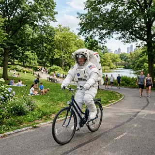 An astronaut in a spacesuit riding a bicycle through a park
