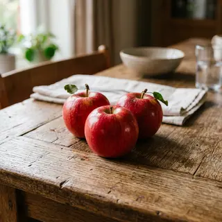 Exactly 3 red apples arranged on a wooden table