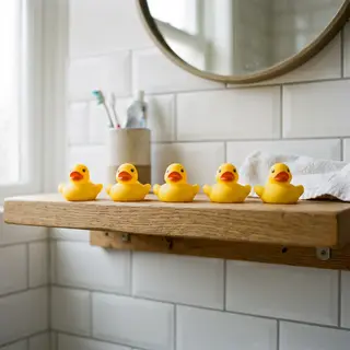 Exactly 5 yellow rubber ducks sitting in a row on a bathroom