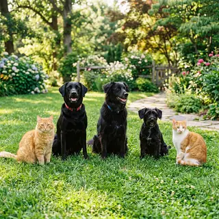 2 orange cats and 3 black dogs sitting together on a grassy 