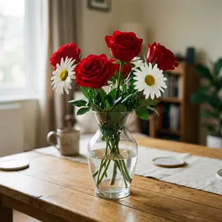 4 red roses and 2 white daisies in a glass vase on a table