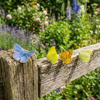 1 blue butterfly and 3 yellow butterflies resting on a garde