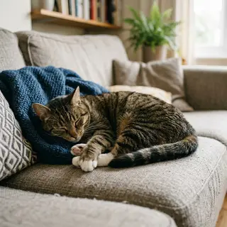 A cat lying on a couch without a collar