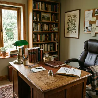An office workspace with a desk, chair, bookshelf, and lamp 