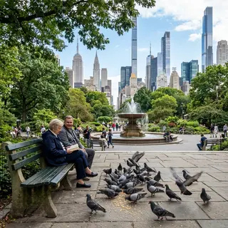 A city park with a park bench and pigeons in the foreground,