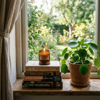 A candle on top of a stack of books, the books next to a pot