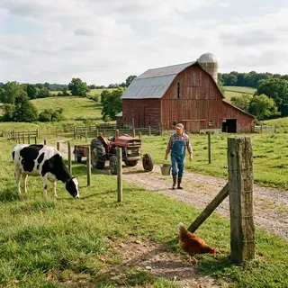 A farm scene with a barn, tractor, farmer, cow, chicken, and