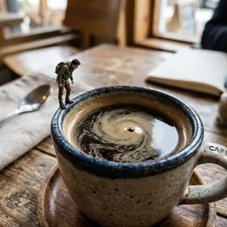 A tiny person standing on the rim of a coffee cup, looking d