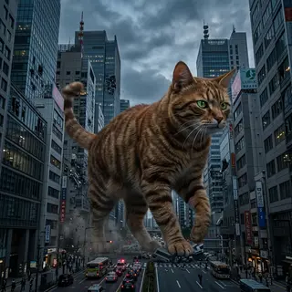 A giant tabby cat walking between city skyscrapers like a ka