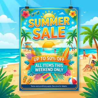 A poster with headline 'SUMMER SALE' in large bold text, bod