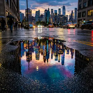 A city skyline reflected in a rain puddle on a street, with 