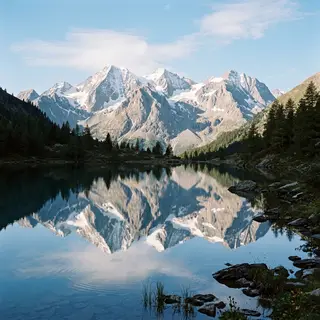 A mountain range reflected in a still alpine lake, with the 