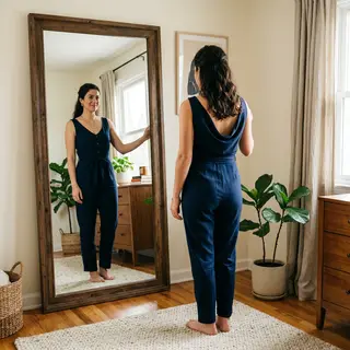 A woman standing in front of a full-length mirror, her refle
