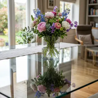 A vase of flowers on a glass table with a clear reflection v