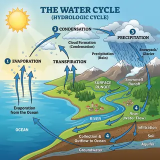 A detailed diagram of the water cycle showing evaporation fr