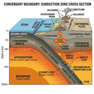 A cross-section showing tectonic plates at a convergent boun