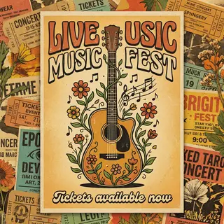 An event poster featuring a guitar illustration, the headlin