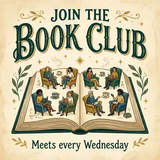 A book club poster with an open book illustration, the title