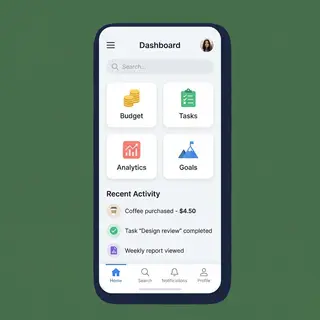 A mobile app UI mockup showing a dashboard with a top naviga