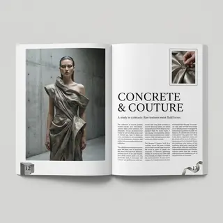 A fashion magazine spread with a full-bleed left-page photo,