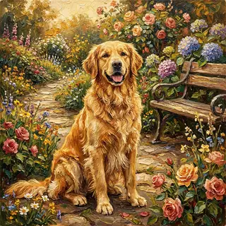 A golden retriever sitting in a garden, painted in the style