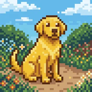 A golden retriever sitting in a garden, rendered in pixel ar