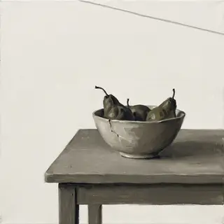 A still life painted in anxious minimalism — sparse composit