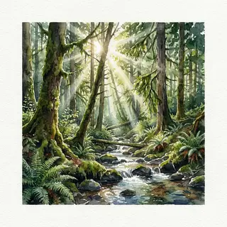 A forest rendered in photorealistic watercolor — the detail 